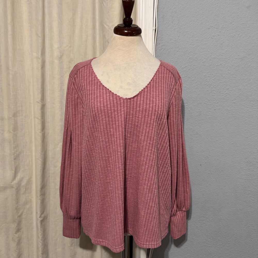Zac & Rachel Woman Pink Ribbed V Neck Long Sleeve Top Plus Size 1X Cottagecore‎